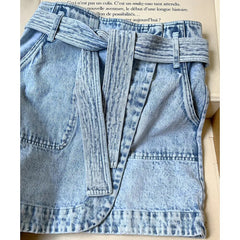 Lizakosht Solid Cowboy Skirt Women High Waist Lace Up Big Pocket Mini Skirt Female Classic Vintage Casual Lady Bottom