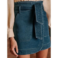 Lizakosht Solid Cowboy Skirt Women High Waist Lace Up Big Pocket Mini Skirt Female Classic Vintage Casual Lady Bottom