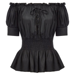 retro Women shirt gothic punk Medieval Tops 1/2 Sleeve Off Shoulder Straight Neck Smocked Waist solid summer rockabilly blouse