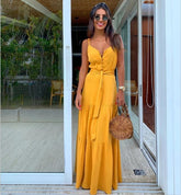 Summer Green Tunic Maxi Dress V Neck Robe Femme Belt Elegant Ruffles Party Long Dresses Spaghetti Strap Casual Vestidos Mujer