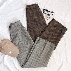 Lizakosht Spring Women Pants Plaid High Waist Wide Leg Long Suit Pants