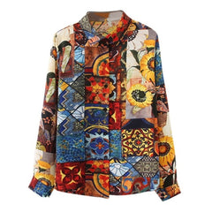 Women Retro Sunflower Print Shirt Oil Painting Print Design Blouse Girl Loose Lapel Tops and Blouses 2021 New