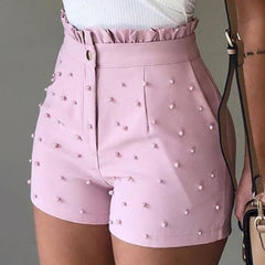 New Fashion Solid Color High Waist Button Ruffled Beaded Summer Women Shorts Button Ruffled Beaded Summer Women Shorts