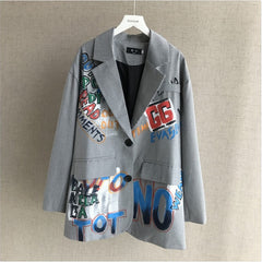 Autumn New British Style blazer women Casual Graffiti Letters Suit Jacket Women Long sleeve Loose Plaid Ladies Blazers G122