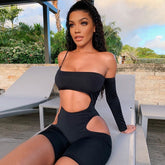 Sexy Women Jumpsuit Playsuit Clubwear Off Shoulder Single Strap Sleeve Bodysuit Hollow Out Bodycon Summer Jumpsuit Rompers