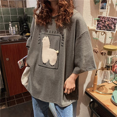Lizakosht  Cartoon Alpaca Animal Printed Casual Loose Oversize Korean Style 2021 Summer Short Sleeve Women Top Female T-shirts