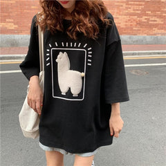 Lizakosht  Cartoon Alpaca Animal Printed Casual Loose Oversize Korean Style 2021 Summer Short Sleeve Women Top Female T-shirts