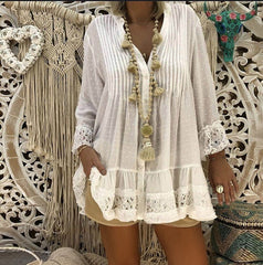 Lizakosht 5XL Plus Size White Lace Blouse 2021 Women Summer V Neck Long Sleeve Chiffon Blouse Shirt Big Sizes Loose Ladies Tunic Tops
