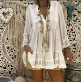 Lizakosht 5XL Plus Size White Lace Blouse 2021 Women Summer V Neck Long Sleeve Chiffon Blouse Shirt Big Sizes Loose Ladies Tunic Tops