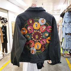 CBAFU vintage floral embroidery denim jacket women cowboy long sleeve turn down collar casual denim coat streetwear outwear P904