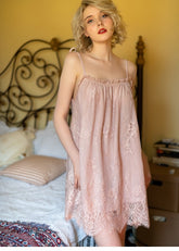 Caiyier Pink Lace Night Dress Off Shoulder Sling Lingerie Nightgown Sexy Women Night Gown Sleepwear Home Clothing