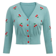 Women Vintage Jackets Cardigans Autumn Spring Womens Cherries Embroidery 3/4 Sleeve V-Neck Cropped Knitting Coat Knitwear