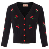 Women Vintage Jackets Cardigans Autumn Spring Womens Cherries Embroidery 3/4 Sleeve V-Neck Cropped Knitting Coat Knitwear