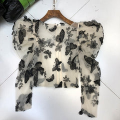 Sexy Women Lady Crochet Mesh Sheer See-Through Long Puff Sleeve Tops Shirt O-Neck Casual Butterfly Embroidered Blouse Top