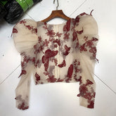 Sexy Women Lady Crochet Mesh Sheer See-Through Long Puff Sleeve Tops Shirt O-Neck Casual Butterfly Embroidered Blouse Top