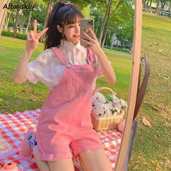 Rompers Women Purple Pink Suspenders Denim Sleeveless Vacation Sweet Girls Cute Korean Style Oversize Overalls Femme Clothing
