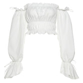 Lizakosht Off Shoulder Top Women Long Sleeve Ruffle Top Ladies White Elegant Top Party Blusas