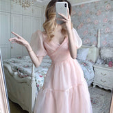 Elegant Designer Dress Women French Pink Bandage Dress Casual Puff Sleeve Slim Lace Chiffon Dress Autumn Women's Clothing