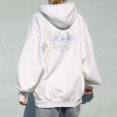Vintage White Angel Print Hoodie Women Autumn White Cotton Long Sleeve Zipper Tops Female Casual Chic Streetwear Hoodied