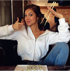 Fashion Women Autumn Winter Crop Tops Casual Long Sleeve Hooded Hoodies Coats Sweatshirt Elegant Zipper Ladies White Streetwear