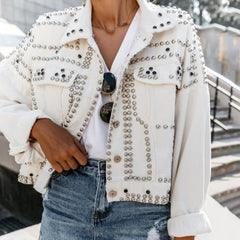 Harajuku Denim Coat Women Heavy Hand Beaded Rivet Short Jeans Jackets Spring Lady Casual Loose Single Breasted Top