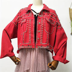 Harajuku Denim Coat Women Heavy Hand Beaded Rivet Short Jeans Jackets Spring Lady Casual Loose Single Breasted Top