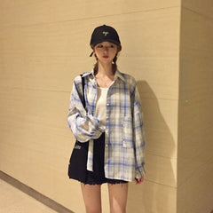 Fashion Plaid Women Tops and Blouses Female Casual Matching Color Long Sleeve Button Loose Plaid Shirt Top blusas mujer de moda