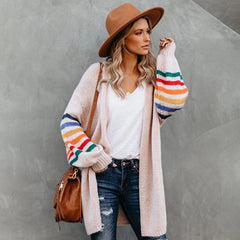 Fitshinling Rainbow Striped Boho Cardigan Winter Long Coat Female Knitwear Pink Slim Sweaters Cardigans For Women Clothes 2021
