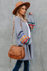 Fitshinling Rainbow Striped Boho Cardigan Winter Long Coat Female Knitwear Pink Slim Sweaters Cardigans For Women Clothes 2021