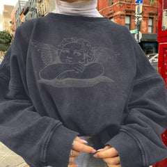 Harajuku Angel Print Hoodie Pullovers Autumn Fall Loose Women Long Sleeve Cute Graphic Streetwear Female Oversized Sweatshirt