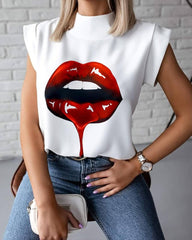 Hirigin 2021 Fashion Women Elegant Lips Print Tops Blouse Shirts Summer Ladies Office Casual Stand Neck Pullovers Eye Blusa Tops