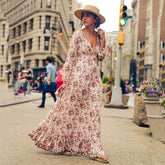 Hippie Floral Print Maxi Dress Women Spring 2021 Long Sleeve Vintage Deep V Neck Sexy Vestidos Beach Casual Wear Boho Long Dress