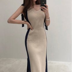 SMTHMA Vintage Patchwork Bow Female Summer Sleeveless Knitted Retro Bottom Dress Pullovers Women Slim Vestidos