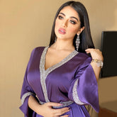 Siskakia Satin Maxi Dress For Women Turkey Arabic Diamond V Neck Long Sleeve Jalabiya Muslim Islamic Ethnic Abaya 2020 Fall New