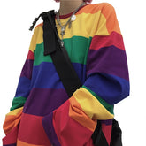 Rainbow Striped Women T Shirts Harajuku Fashion Female Tops Long Sleeves Oversize Woman Tshirt O-Neck Casual Female T-shirts