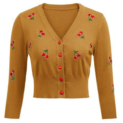 Women Vintage Jackets Cardigans Autumn Spring Womens Cherries Embroidery 3/4 Sleeve V-Neck Cropped Knitting Coat Knitwear