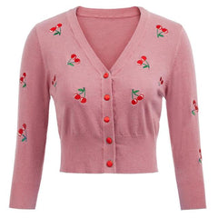 Women Vintage Jackets Cardigans Autumn Spring Womens Cherries Embroidery 3/4 Sleeve V-Neck Cropped Knitting Coat Knitwear