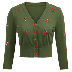 Women Vintage Jackets Cardigans Autumn Spring Womens Cherries Embroidery 3/4 Sleeve V-Neck Cropped Knitting Coat Knitwear