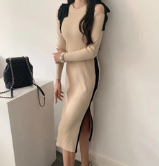 SMTHMA Vintage Patchwork Bow Female Summer Sleeveless Knitted Retro Bottom Dress Pullovers Women Slim Vestidos