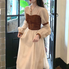 Vintage Midi Dress Women Casual V-neck Long Sleeve Party Retro Dress Female French Evening One-piece Dress Korean 2021 Autumn