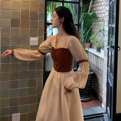 Vintage Midi Dress Women Casual V-neck Long Sleeve Party Retro Dress Female French Evening One-piece Dress Korean 2021 Autumn