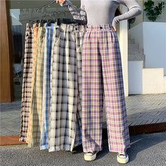 Simple Vintage Plaid Causal Long Women Pants Street Fashion Straight Wide Leg Pant