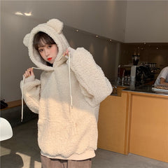 QRWR 2021 Women Hoodie Korean Style Winter Casual Cute Kawaii Warm Sweatshirt Loose Female Pocket Oversized Hoodies for Girls