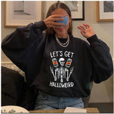 New Halloween Pumpkin Cat Printed Sweatshirt Skeleton Print Women Hoodies Spring Fall Long Sleeve Sweatshirt Streetwear