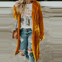 Lizakosht New Fashion Fall Winter Women Lapel Cardigan Buttons Long Jacket Casual Solid Color Golden Velvet Office Lady Elegant Soft Coats