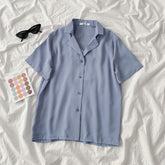 Lizakosht Casual Basic Short Sleeve Blouse Women V-neck Loose Office Formal Shirt Female Fashion Blue Yellow Cardigan Tops