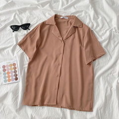 Lizakosht Casual Basic Short Sleeve Blouse Women V-neck Loose Office Formal Shirt Female Fashion Blue Yellow Cardigan Tops