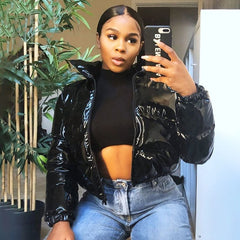 LIZAKOSHT - Faux PU Leather Y2K Bubble Puffer Winter Warm Jacket Women Coats Long Sleeve Outerwear Zipper Casual Slim Parkas