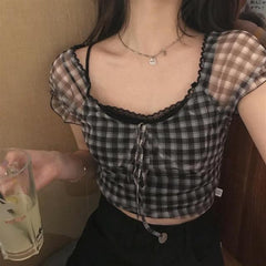 Summer New Plaid Blouse Women Retro Square Collar Shirt Casual Lace Chiffon Puff Sleeve Crop Tops Female Korea Clothing