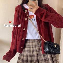 Kawaii Woman Sweaters Winter Korean Fashion Cute Heart Buttons Long Sleeve Knitted Cardigan Red Christmas Sweater Tops T521